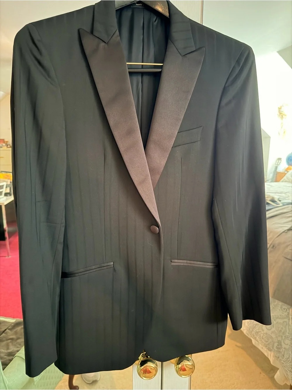 TWIST Men's Black Pinstripe Tuxedo Jacket with Satin Lapel